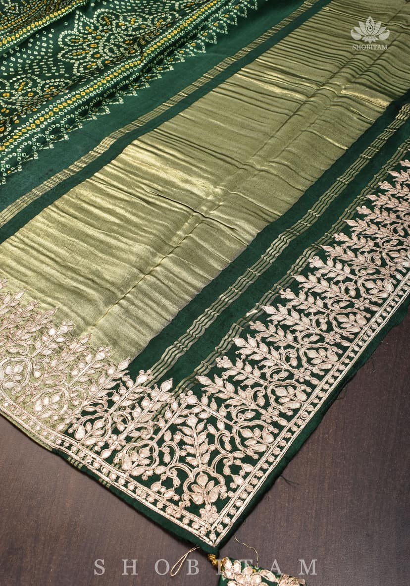 Vidya Balan Bottle Green Gajji Silk Saree with Bandhni Digital Print and Gotta patti borders view 9