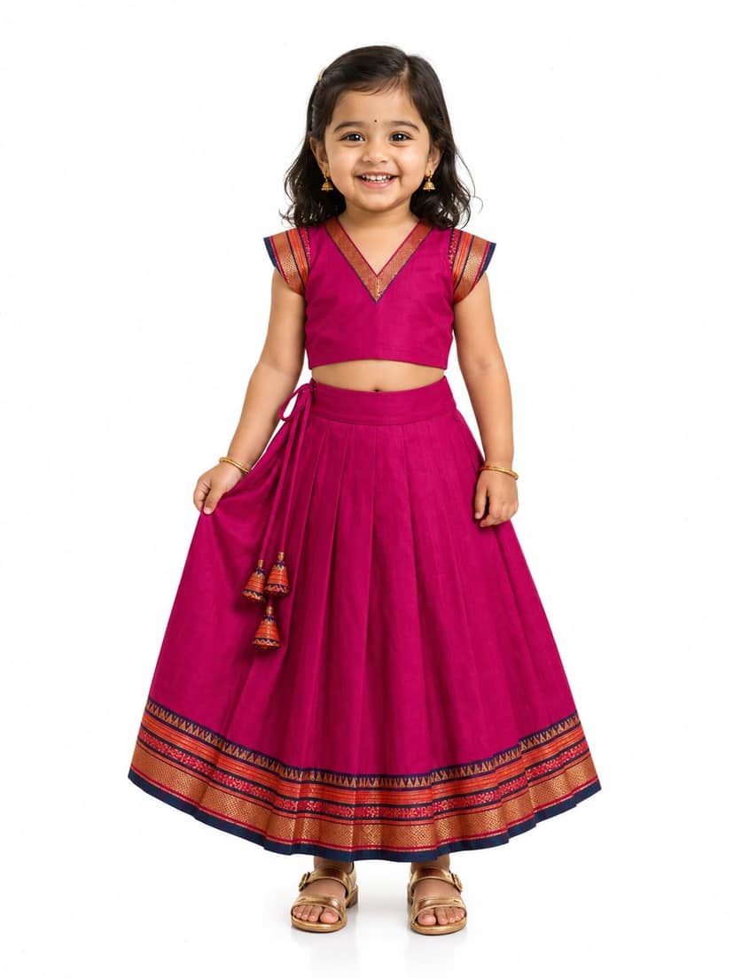 Mom and Me Girls’ Lehenga Choli/Parker Polka/Pattu Pavadai (0 Months–6 Years) | Acrylic Cotton with Soft Cotton Lining | V-Neck, Short Puff Sleeves, Zipper Closure (Pink, 3-4 Y)