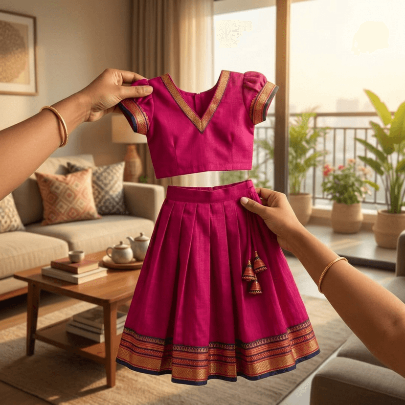 Mom and Me Girls’ Lehenga Choli/Parker Polka/Pattu Pavadai (0 Months–6 Years) | Acrylic Cotton with Soft Cotton Lining | V-Neck, Short Puff Sleeves, Zipper Closure (Pink, 3-4 Y) view 3