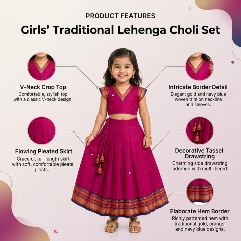 Mom and Me Girls’ Lehenga Choli/Parker Polka/Pattu Pavadai (0 Months–6 Years) | Acrylic Cotton with Soft Cotton Lining | V-Neck, Short Puff Sleeves, Zipper Closure (Pink, 3-4 Y) view 4