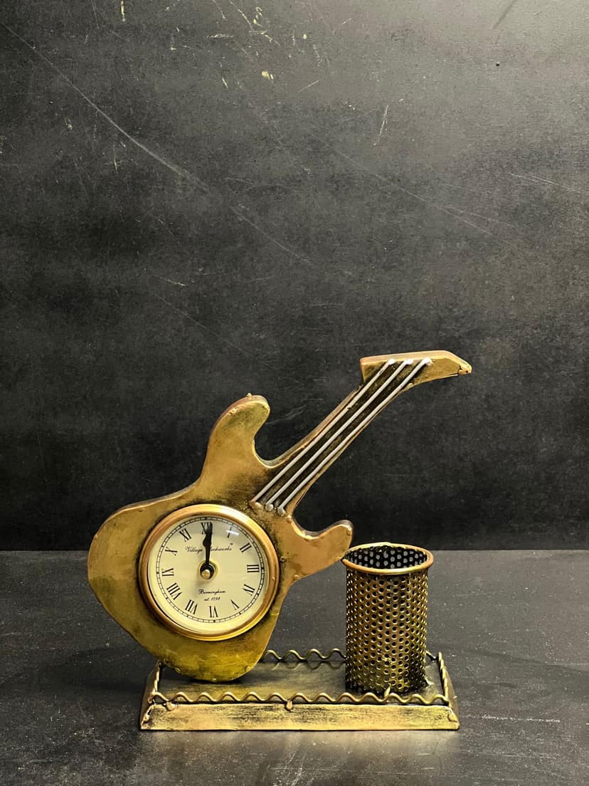 GUITAR PAN HOLDER WITH CLOCK HANDMADE TABLE TOP DECORATIVE ITEM AND SHOWPIECES HOME DECOR / RESTAURANT DECOR/ OFFICE DECOR/ TABLE DECOR/DRAWING ROOM DECOR / GIFT ITEM