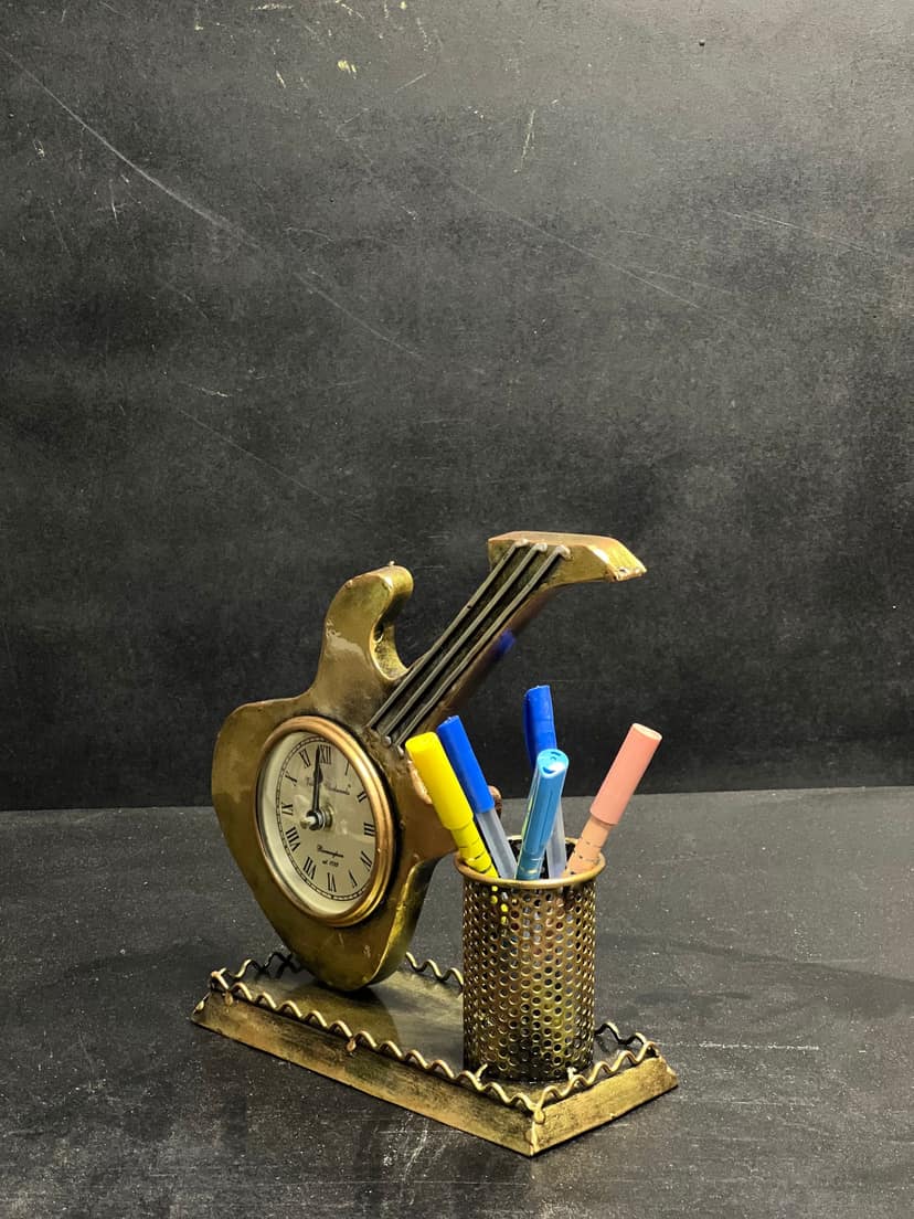 GUITAR PAN HOLDER WITH CLOCK HANDMADE TABLE TOP DECORATIVE ITEM AND SHOWPIECES HOME DECOR / RESTAURANT DECOR/ OFFICE DECOR/ TABLE DECOR/DRAWING ROOM DECOR / GIFT ITEM view 2