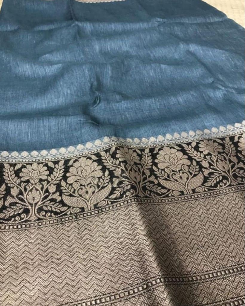 Silk Linen Banrasi Brocade Weaving Handloom Saree with Blouse-3013 view 2