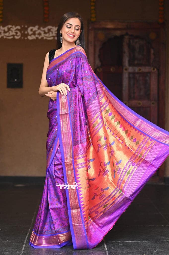 Agni~ Exclusive Pure Silk Handloom Printed Paithani in a vibrant combination of Purple and Orange.