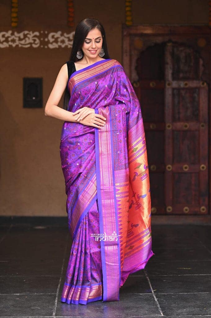 Agni~ Exclusive Pure Silk Handloom Printed Paithani in a vibrant combination of Purple and Orange. view 3
