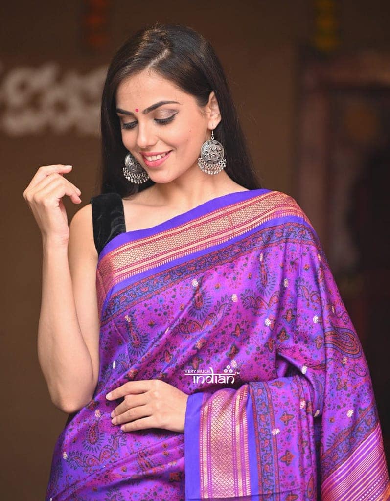 Agni~ Exclusive Pure Silk Handloom Printed Paithani in a vibrant combination of Purple and Orange. view 4