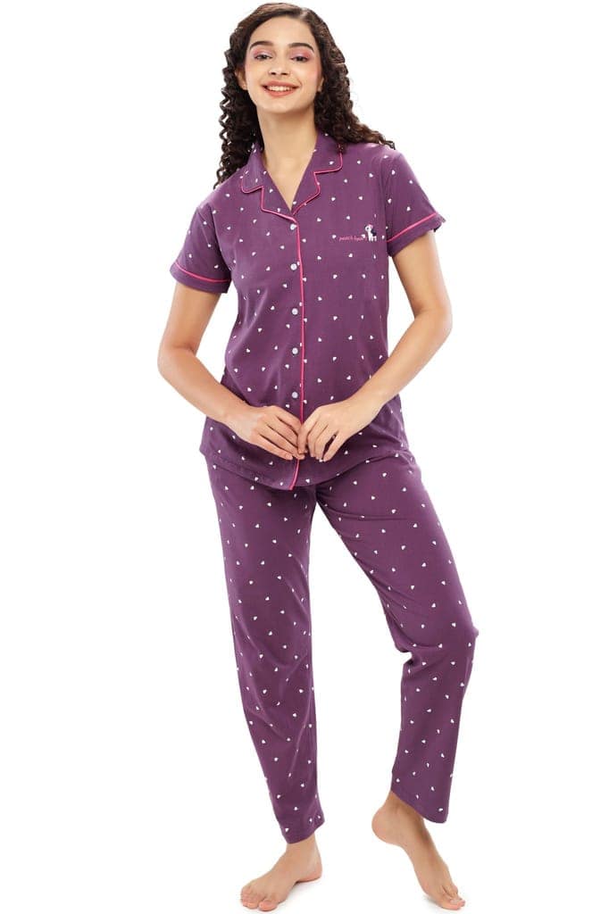 ZEYO Women's Cotton Blue Heart Printed Night suit set view 5