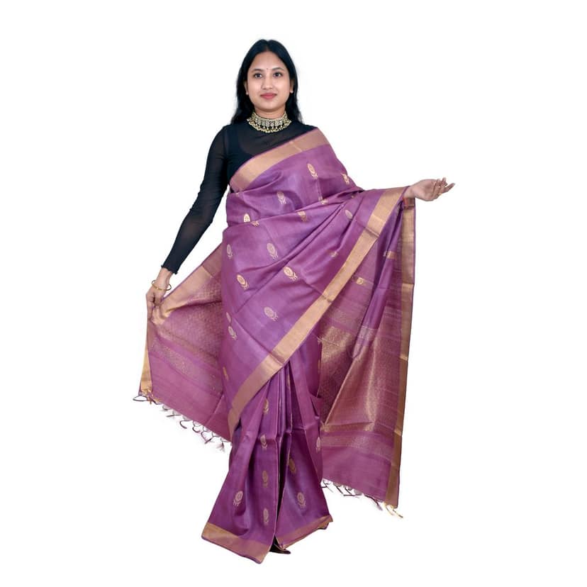 Tribes India Beige Tassar Silk Saree with Blue Motifs