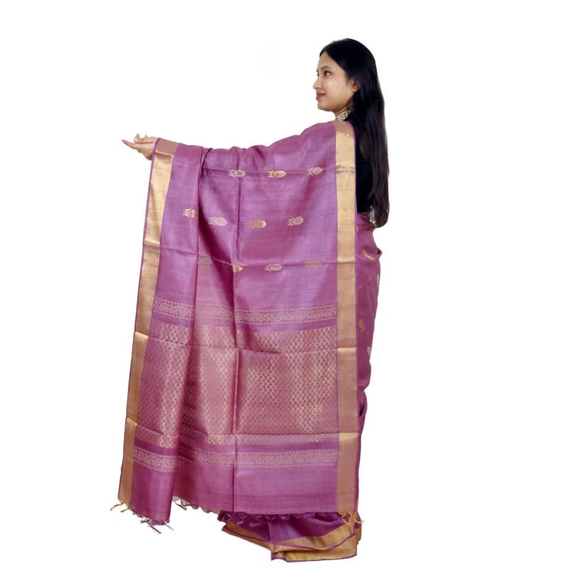 Tribes India Beige Tassar Silk Saree with Blue Motifs view 2