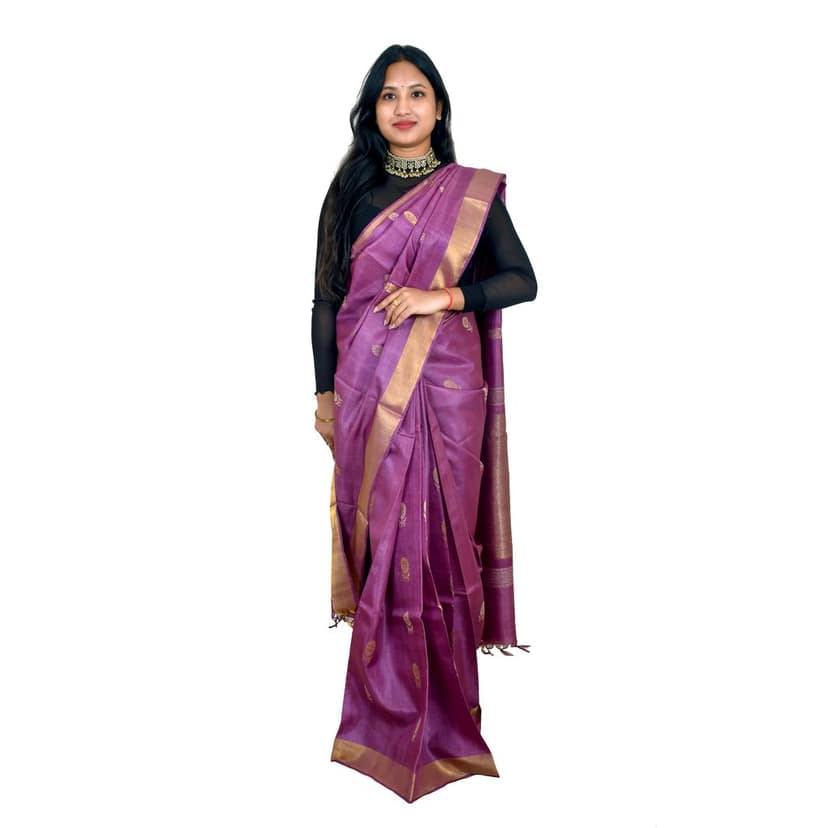Tribes India Beige Tassar Silk Saree with Blue Motifs view 3