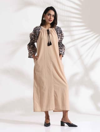 trueBrowns Beige Cotton Print Long Dress - Beige (XL)