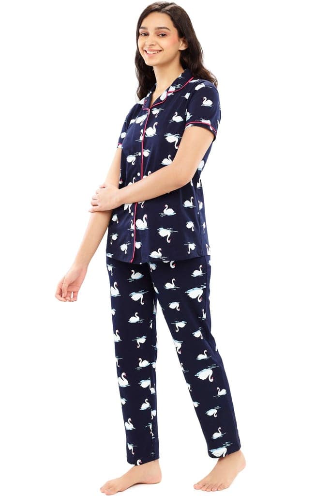 ZEYO Women's Cotton Brown Swan Printed Night suit set view 3