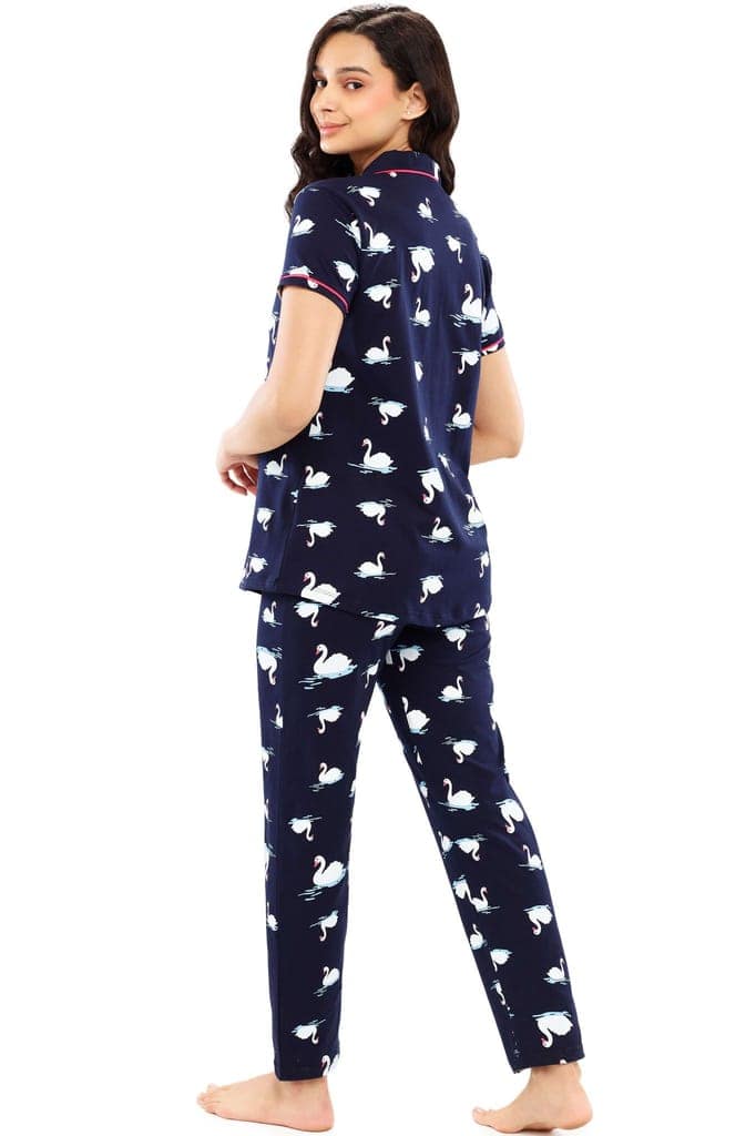 ZEYO Women's Cotton Brown Swan Printed Night suit set view 4