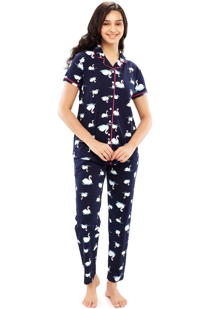 ZEYO Women's Cotton Brown Swan Printed Night suit set view 5