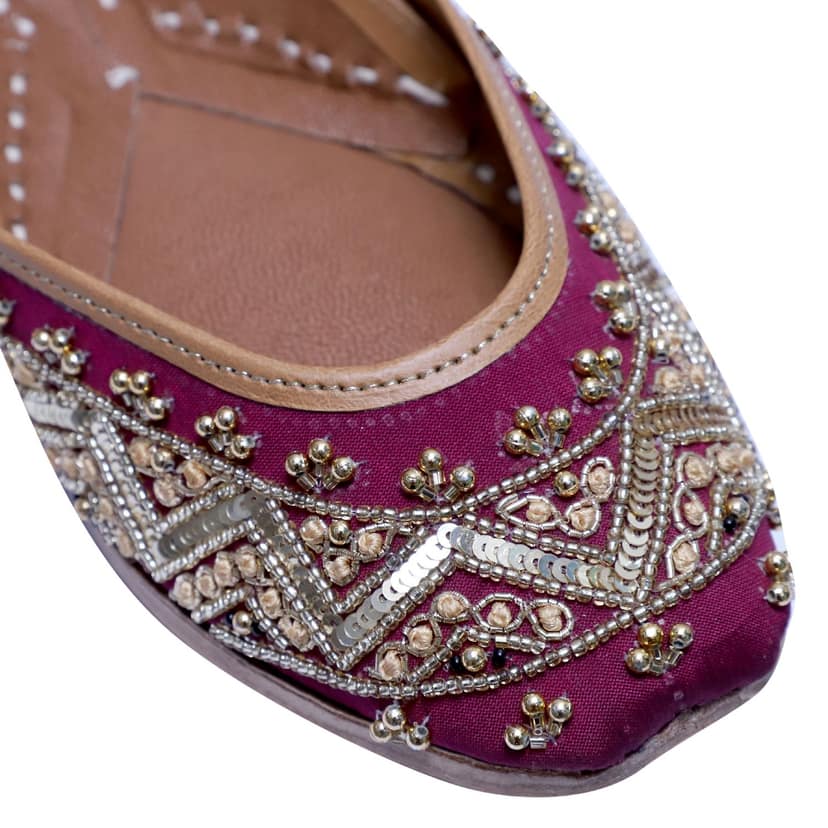 RSK ETHNIC WEAR, Wine Color Embroidered Handmade Jutti for Women with Soft Leather and Double Cushion view 3