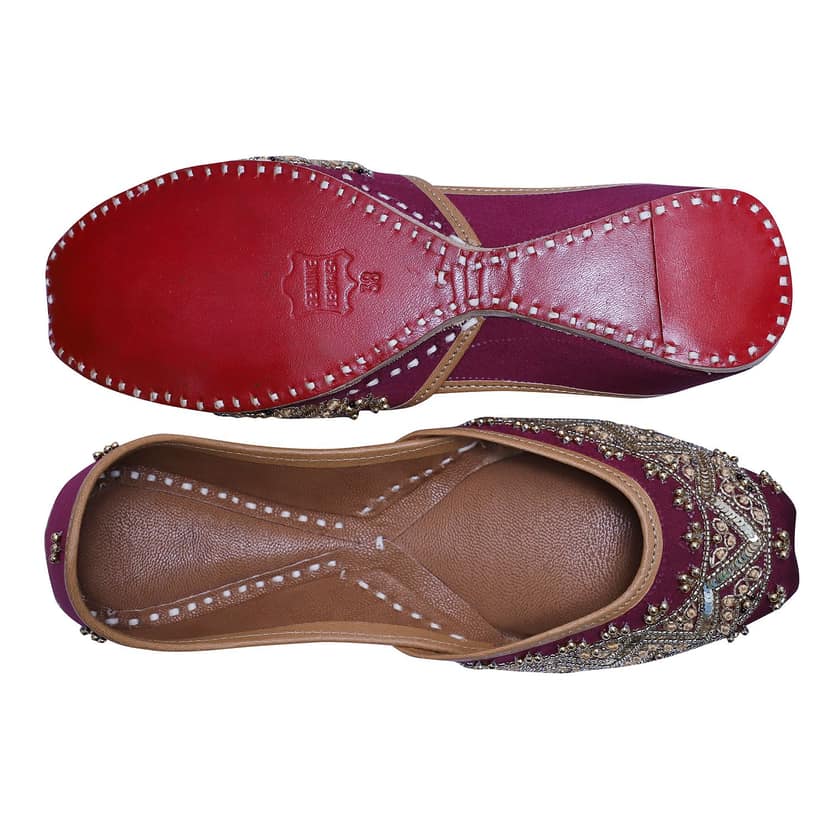 RSK ETHNIC WEAR, Wine Color Embroidered Handmade Jutti for Women with Soft Leather and Double Cushion view 5