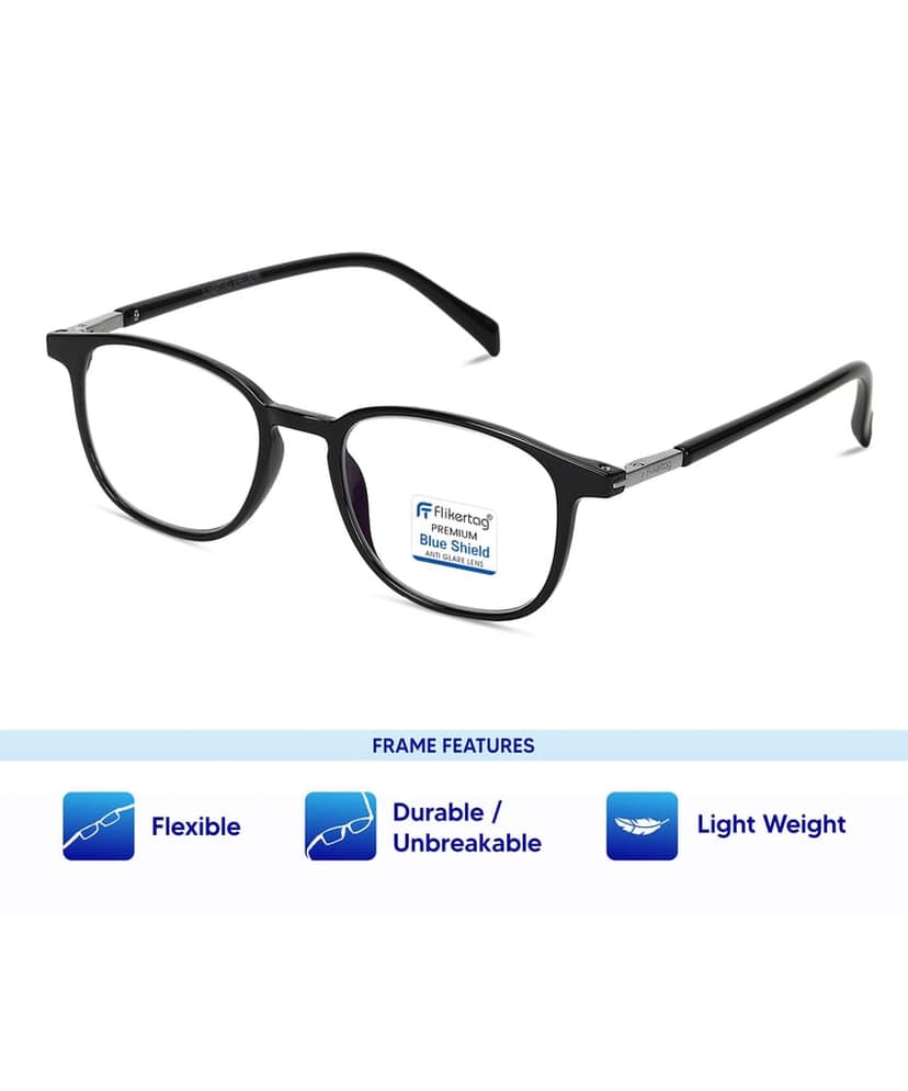 Flikertag Blue Cut Computer Glasses for Eye Protection | Zero Power Blue Light Filter Glasses With UV Protection | Anti Glare Specs for Boys & Girls [FTF201 F1 Round Glossy Black Frame, 48mm] view 2