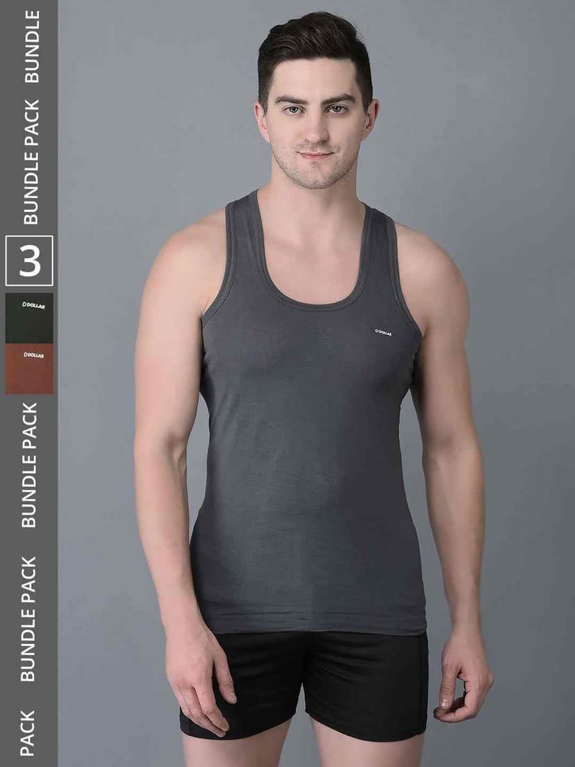 Dollar Bigboss Men’s Pack of 3 Solid Combed Cotton Shrinkless Vest view 2