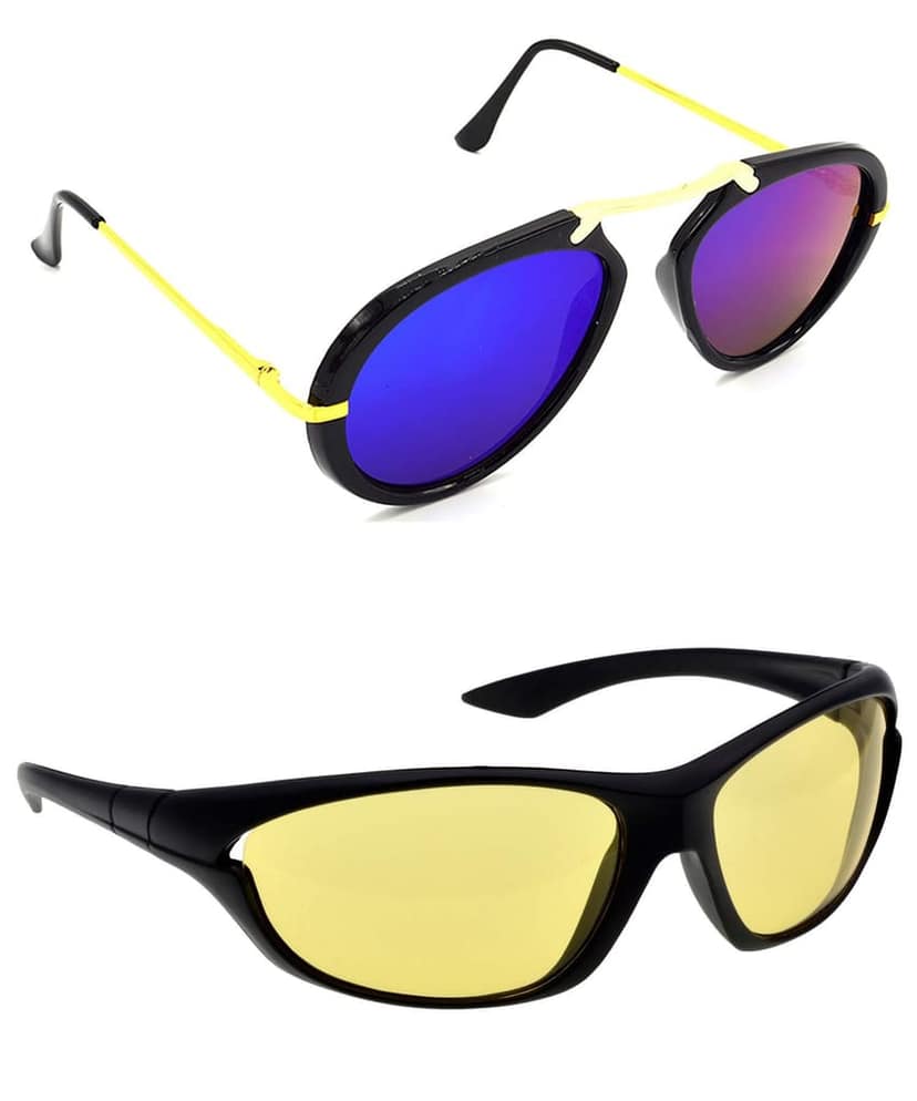 HRINKAR Unisex Wrap-around Sunglasses Golden & Black Frame, Pink & Yellow Lens (Medium) - Pack of 2