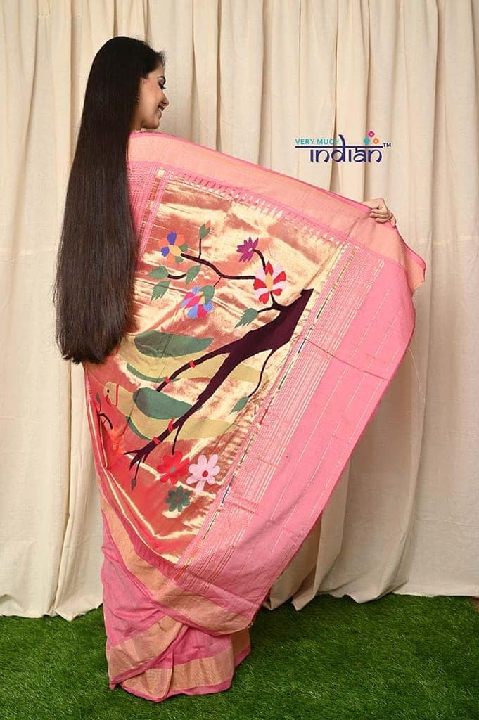 Exclusive Authentic Pure Handloom Cotton Paithani - Peach with Parrot Pallu view 4
