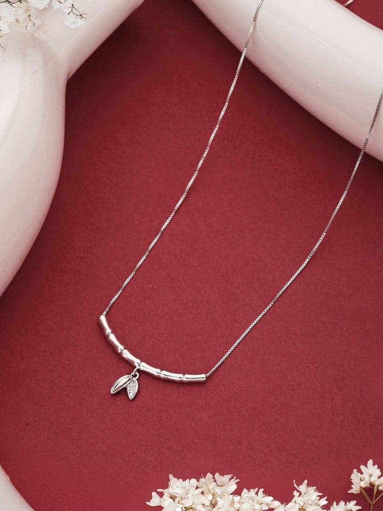 925 Sterling Silver CZ Studded Minimal Leafy Pendant Necklace & Chain view 2