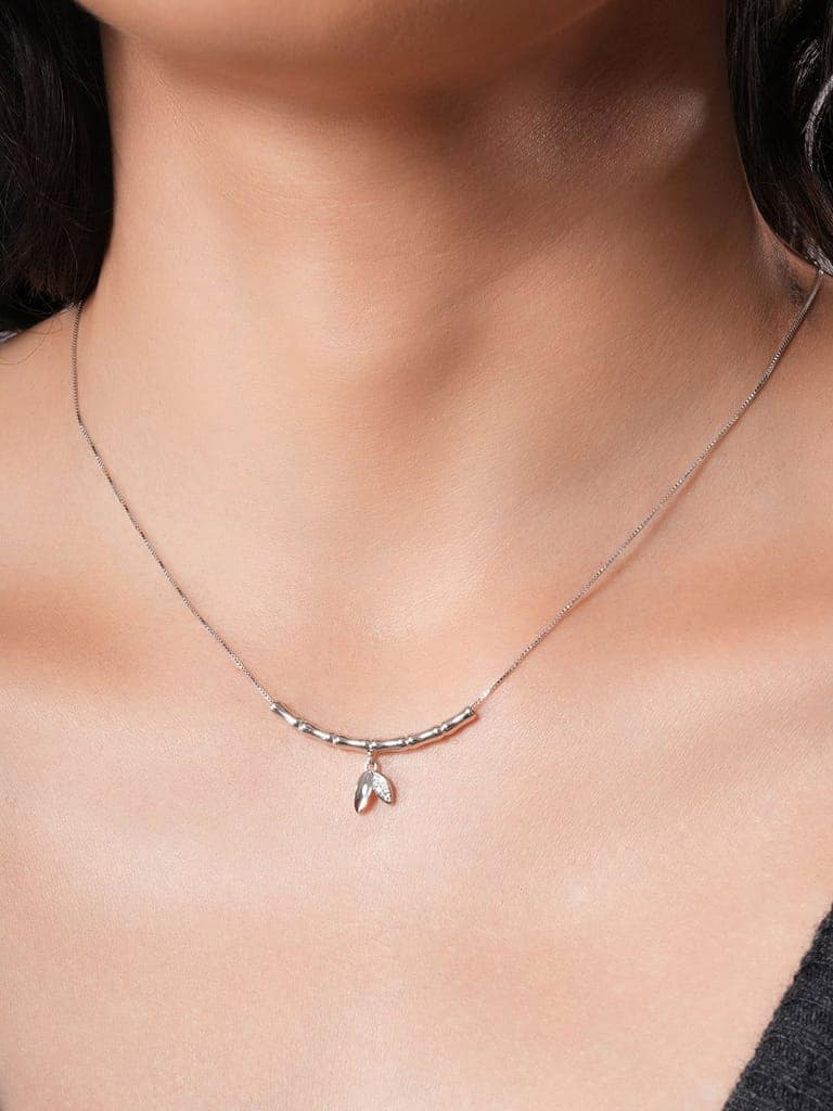 925 Sterling Silver CZ Studded Minimal Leafy Pendant Necklace & Chain view 3