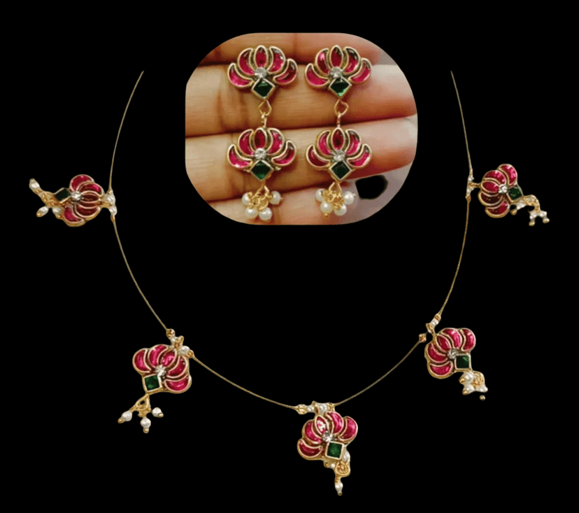Elegant pink and green Floral Jewelry Set with Earrings & Necklace