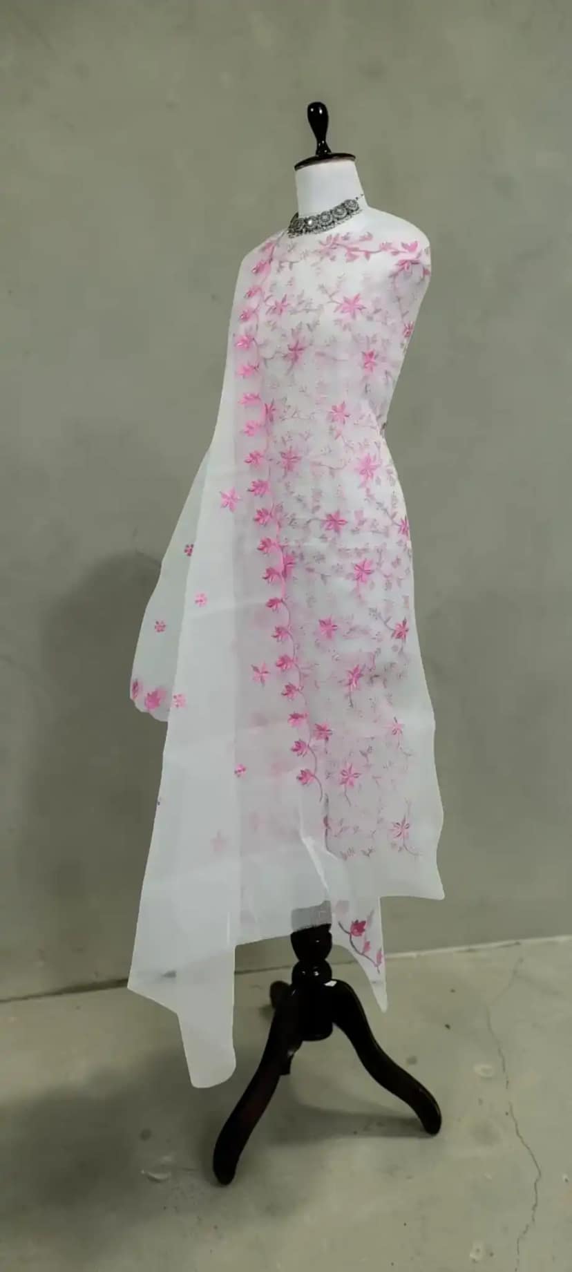 Handwoven Kota Doria Dress Material with Pink Floral Jal and Gota Patti view 2