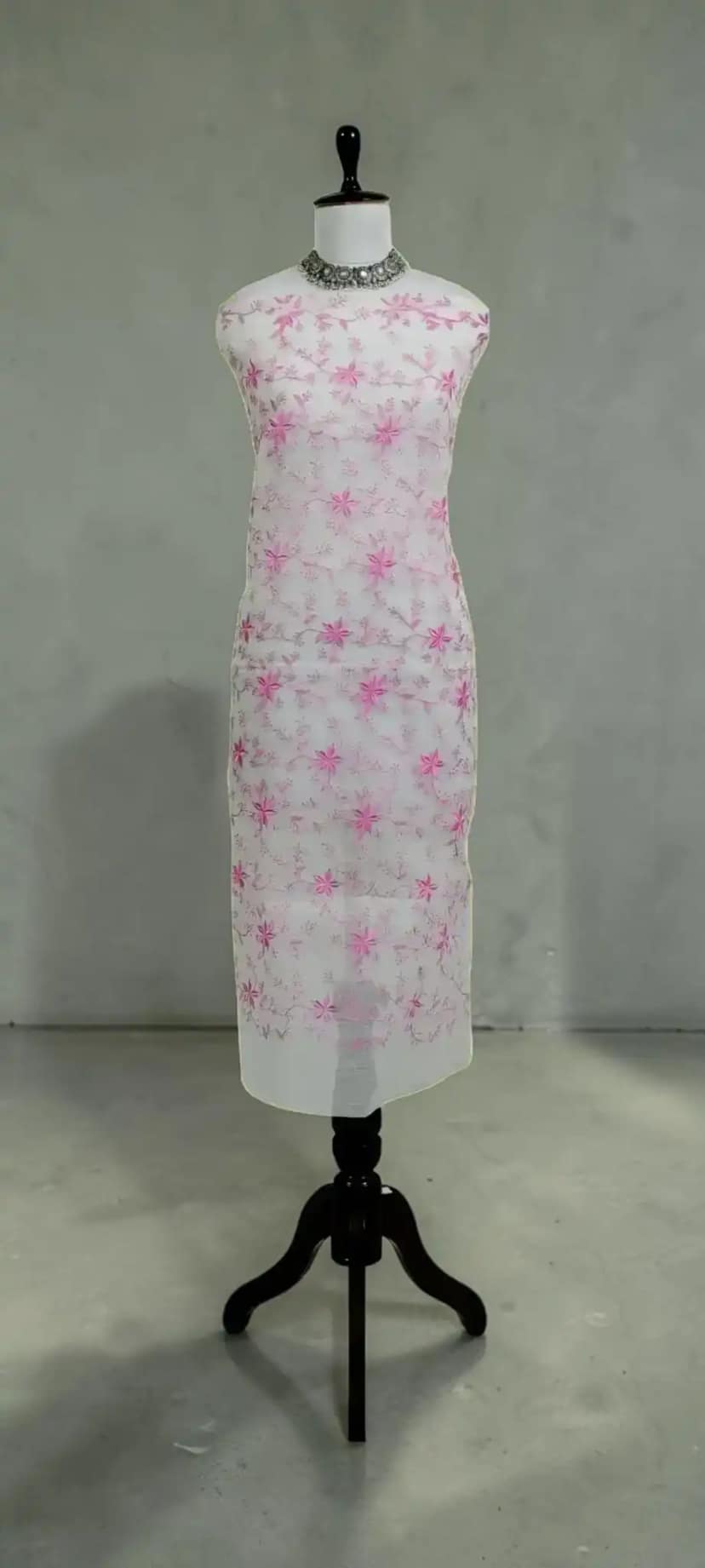 Handwoven Kota Doria Dress Material with Pink Floral Jal and Gota Patti view 3