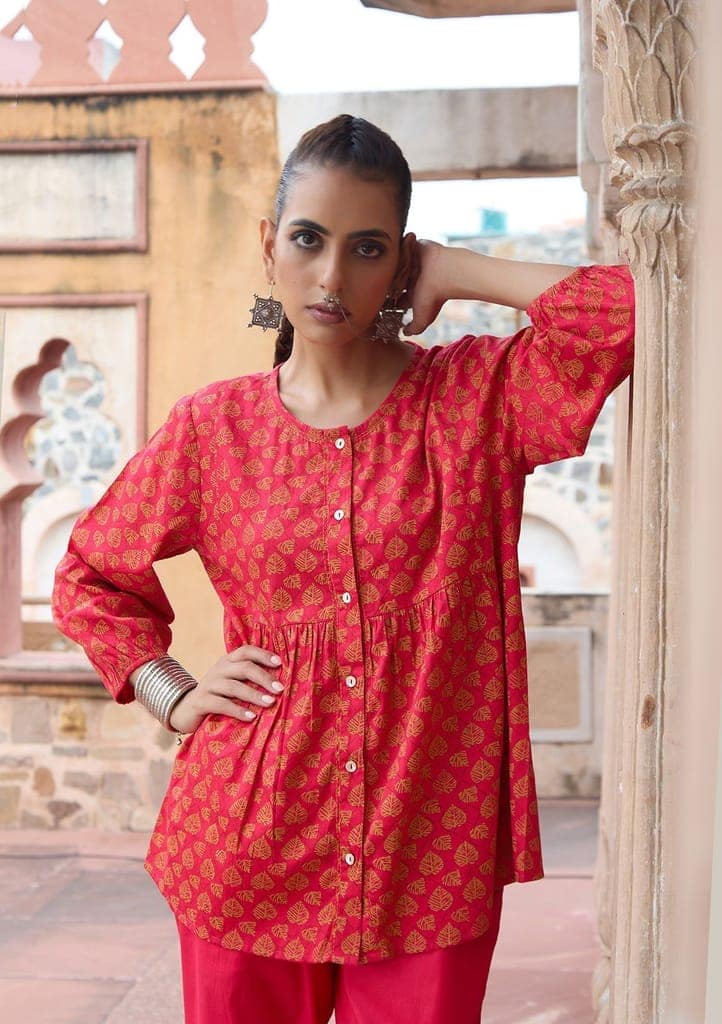 HOC Crafts Glazed Cotton Hand Block Printed with Hand Embroidery Women's 2 PC Co-ord Set - Pink view 2