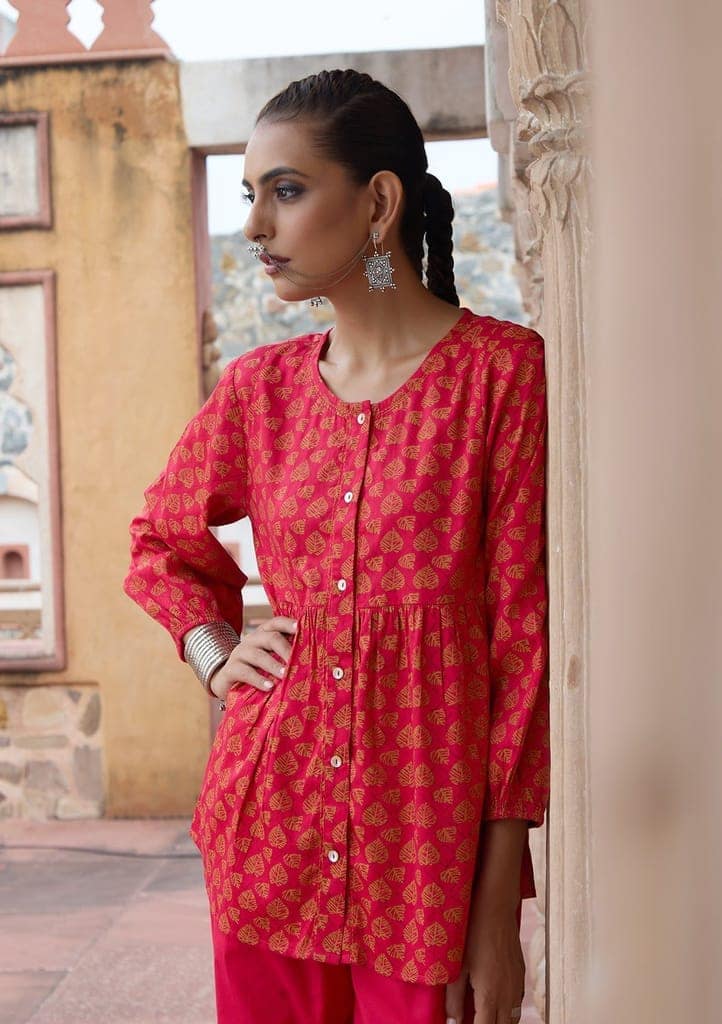 HOC Crafts Glazed Cotton Hand Block Printed with Hand Embroidery Women's 2 PC Co-ord Set - Pink view 4