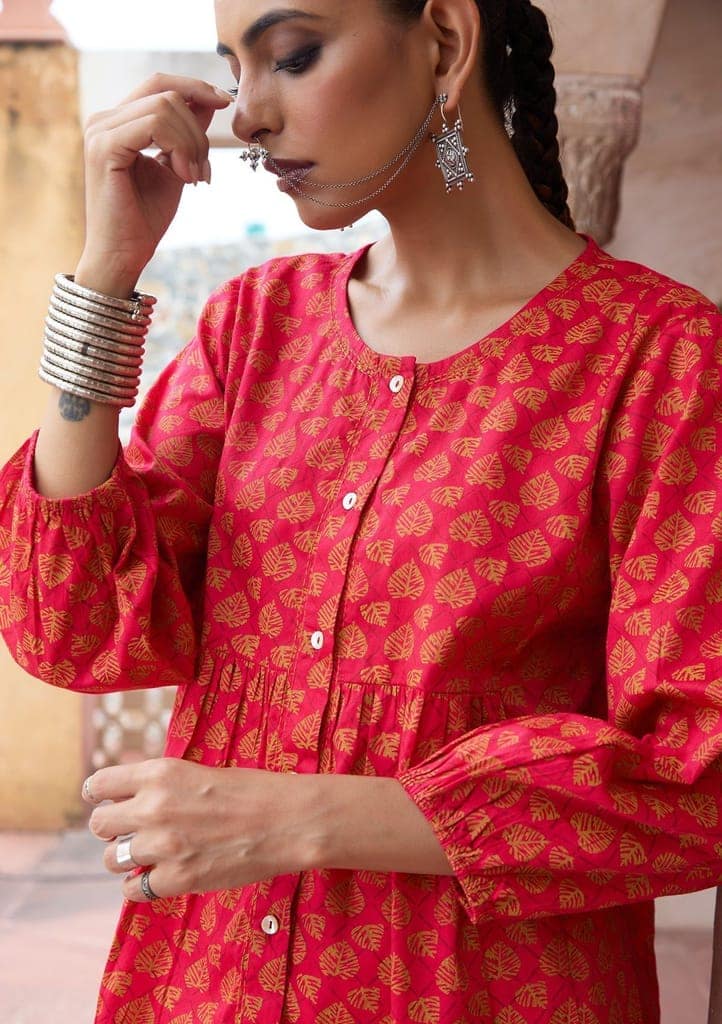 HOC Crafts Glazed Cotton Hand Block Printed with Hand Embroidery Women's 2 PC Co-ord Set - Pink view 5