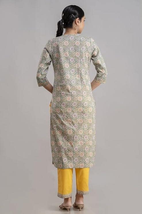 Yellow and Green printed kurti and pant set view 2