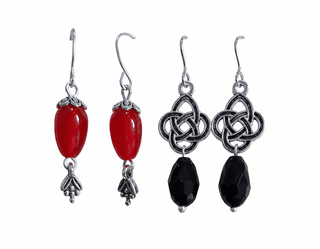 Vibrant Red Teardrop & Mystic Black Celtic Knot Dangle Earrings Combo