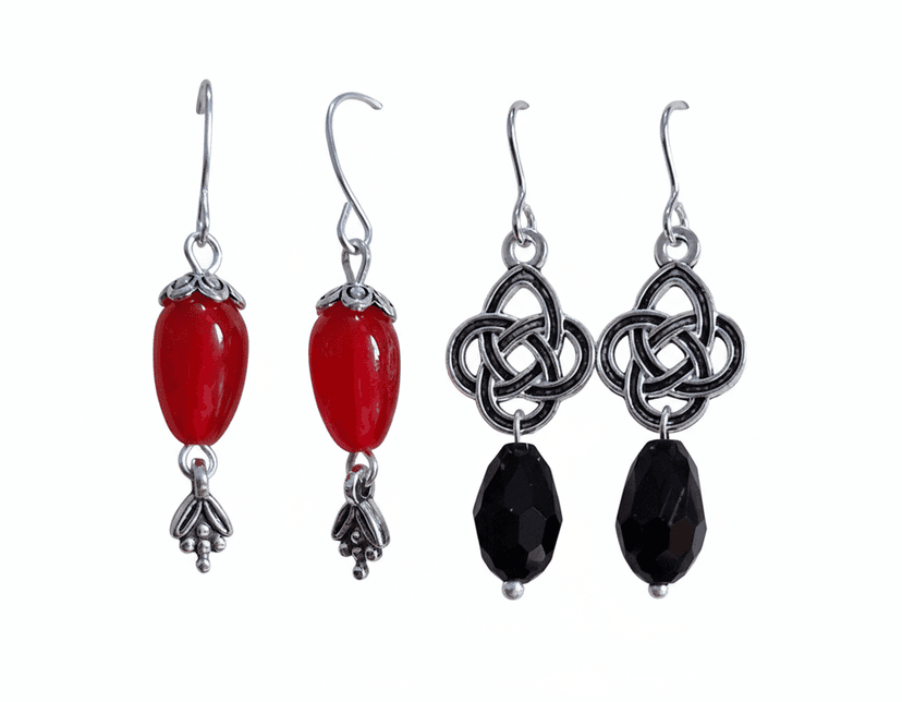 Vibrant Red Teardrop & Mystic Black Celtic Knot Dangle Earrings Combo
