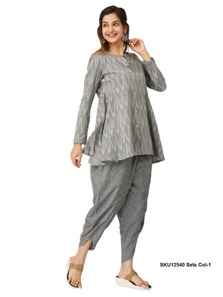 Women's Grey Ikat Print Cotton Tunic with Dhoti Pants Set view 4