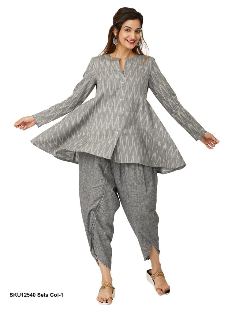 Women's Grey Ikat Print Cotton Tunic with Dhoti Pants Set view 5