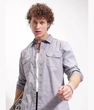 Highlander Poly Cotton Oversized Fit Self Design Full Sleeves Men's Casual Shirt - Grey ( Pack of 1 )