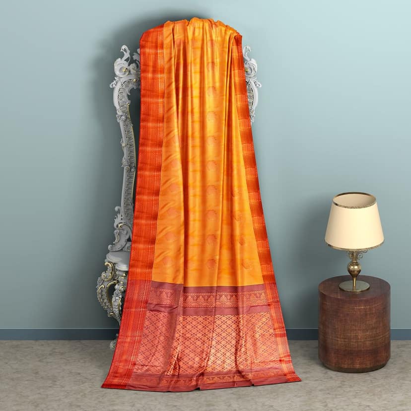 orange with red color pure soft silk saree view 2