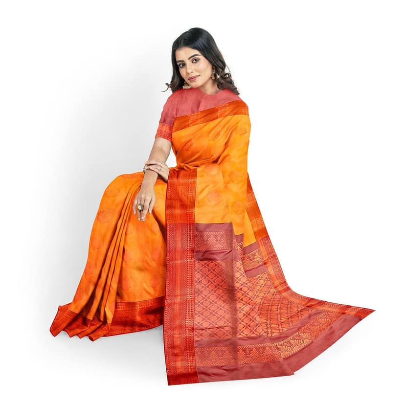 orange with red color pure soft silk saree view 3