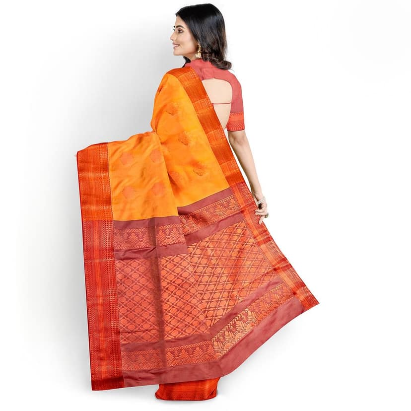 orange with red color pure soft silk saree view 4