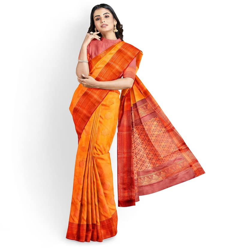 orange with red color pure soft silk saree view 5