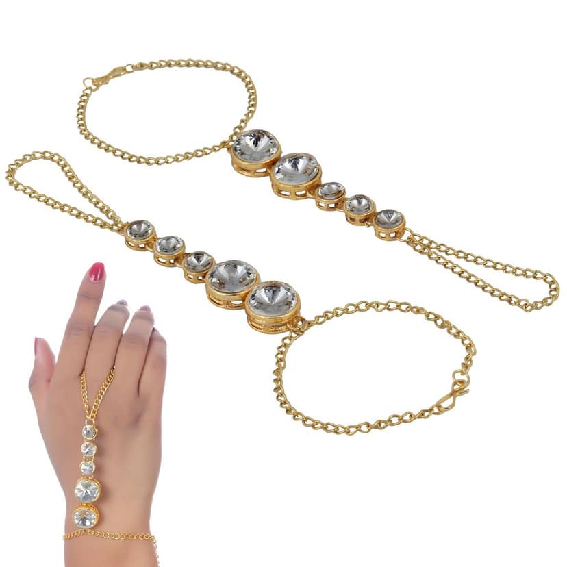 Lucky Jewellery Elegant White Color Gold Plated Finger Ring Bracelet Hand Harness Hathphool For Girls & Women (152-L1HM-10-W-2) view 2