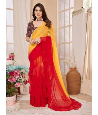 BLEESBURY Georgette Dyed Saree With Unstitched Blouse Piece ( Red )