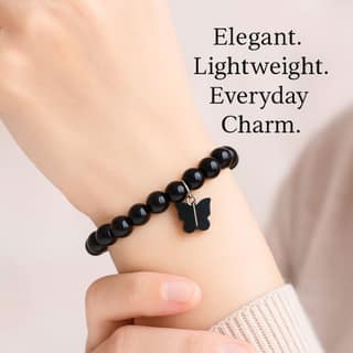 Elegant Black Beaded Bracelet with Good Luck Butterfly Charm - Lightweight Everyday Wear (Pack of 2)