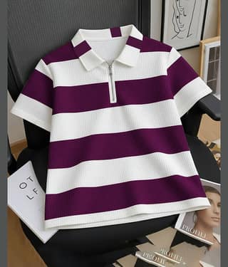 AOOSH Men Cotton Blend Regular Fit Striped Polo T Shirt ( Purple )