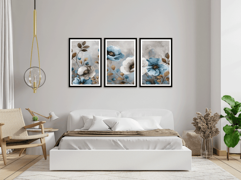 SET OF 3 BLUE AND WHITE FLORAL PRINTS 48in X 24in WITH BLACK FRAME