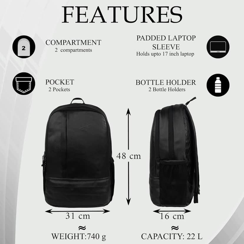 Burner Black 22L Medium Laptop backpack Fits upto 17" Laptop faux Artificial Leather Water resistant lightweight, Gifts for Men Women Boys Girls Adults, College/School/Tuition/Travel Bag view 2