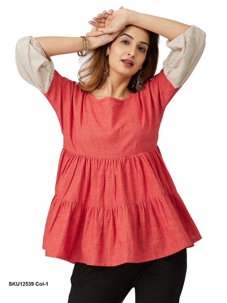 Stylish Red Tiered Peplum Top with Contrast Cuff Sleeves view 5
