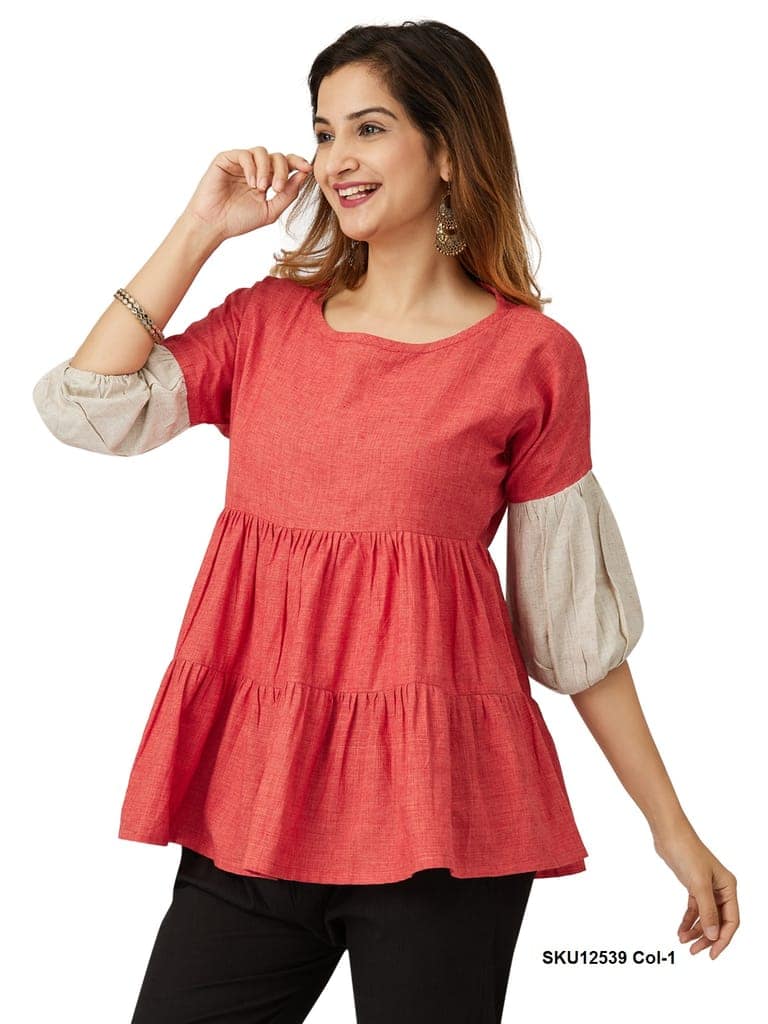 Stylish Red Tiered Peplum Top with Contrast Cuff Sleeves view 7
